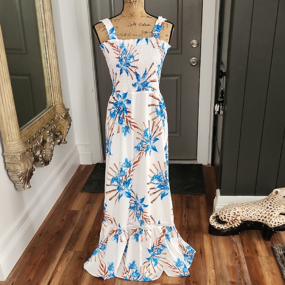 Red Leaf Smocked Tropical Maxi Dress